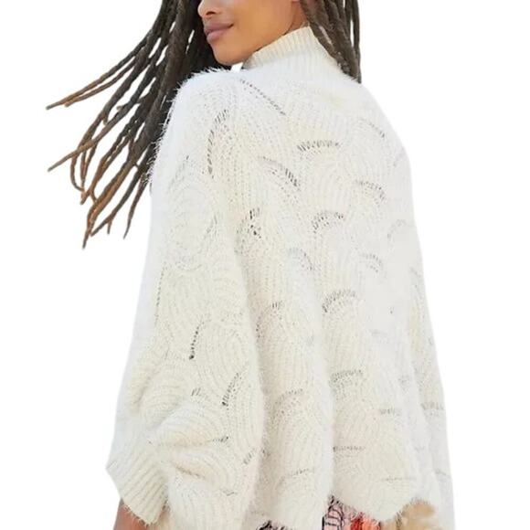 Anthropologie Cream Knit Oversized Sweater Poncho One Size Cozy Fuzzy Pullover - Picture 2 of 12